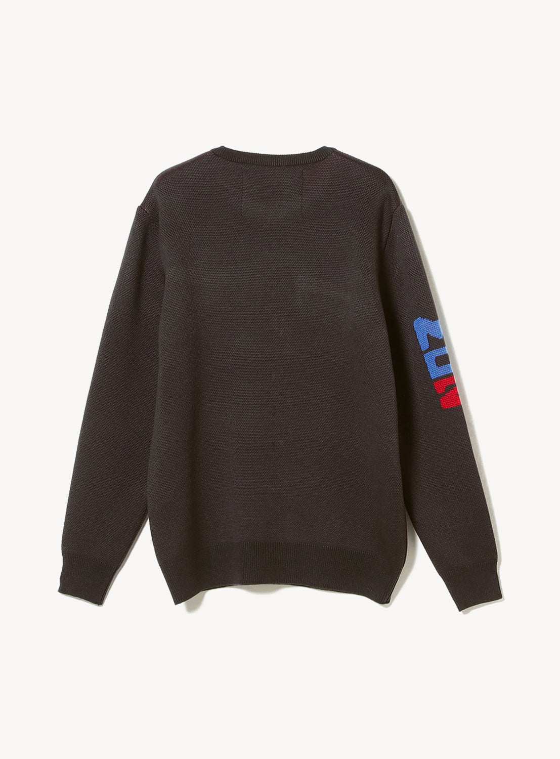 The Amimono Horinouchi "Horinouchi Sweater" is a black crew neck long-sleeve with blue and red block graphics on the left sleeve, inspired by Knitting☆Horinouchi and M1-go’s Mechagodzilla 2. Shown laid flat, back side visible.