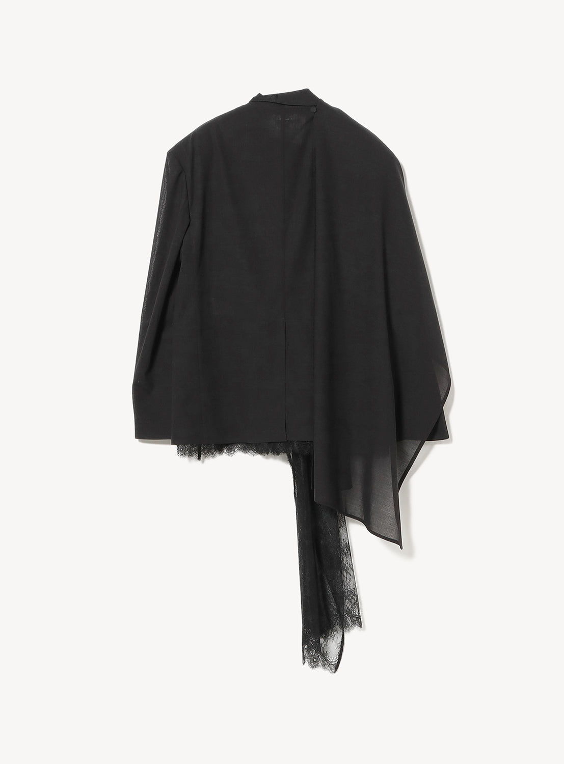 A black draped jacket or top with an asymmetrical design and dangling black lace, shown against a white background.