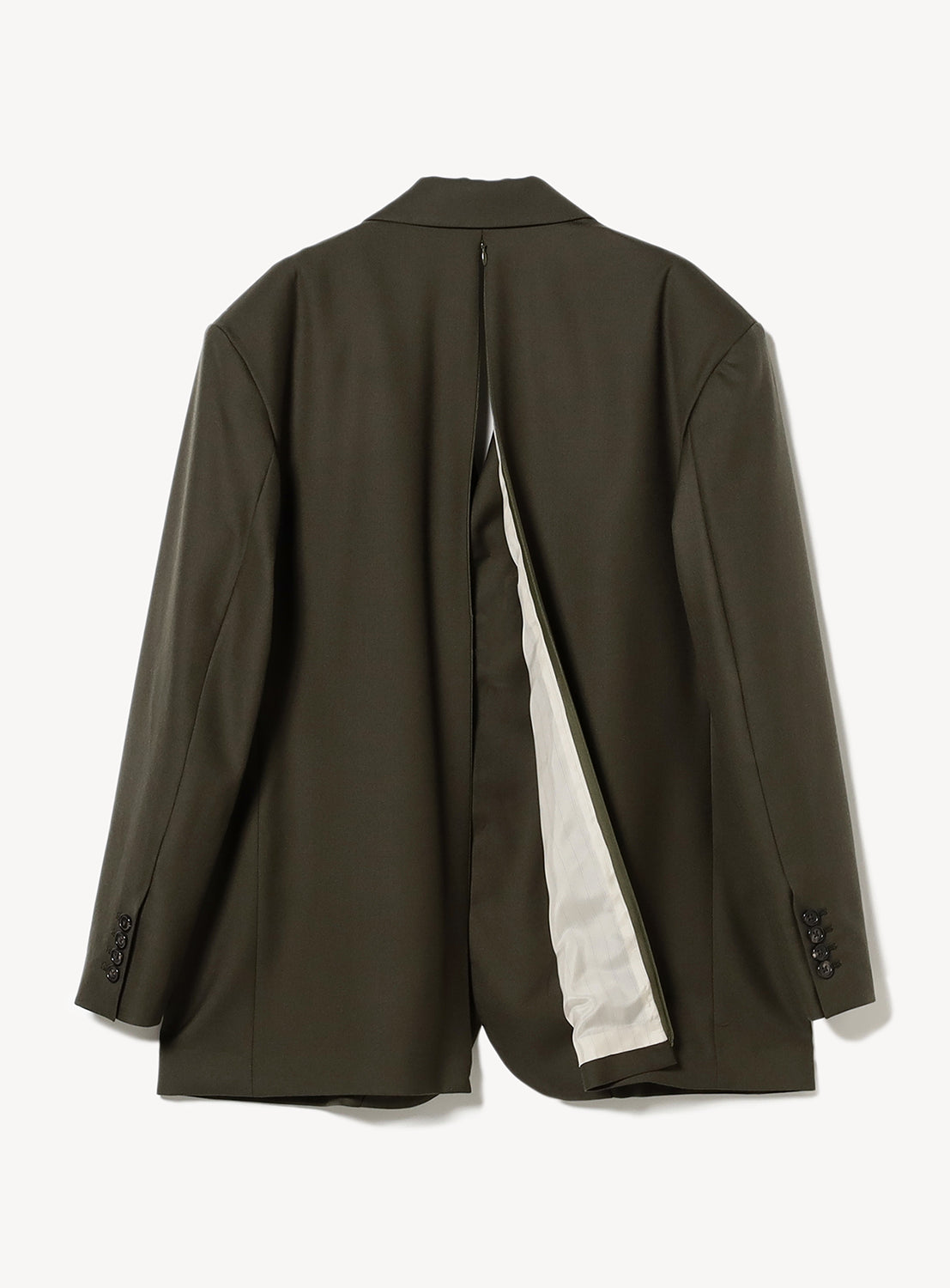Back of the structured khaki jacket highlighting the open back detail.