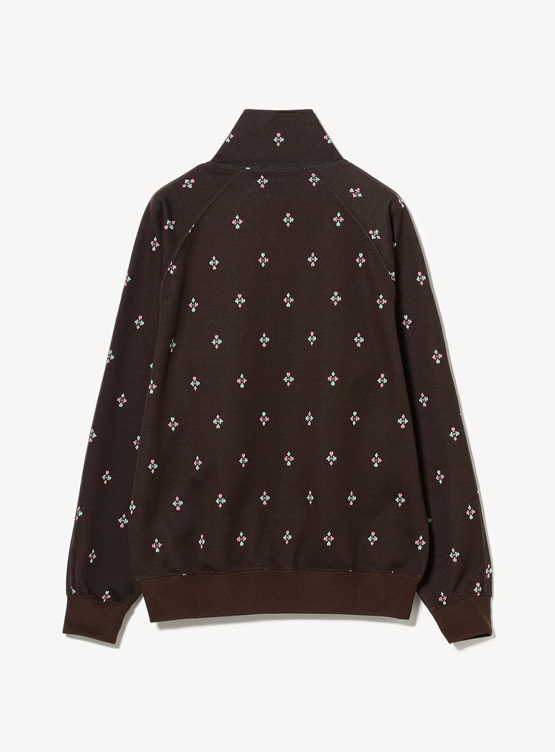 Brown track jacket with a pink and mint floral pattern.