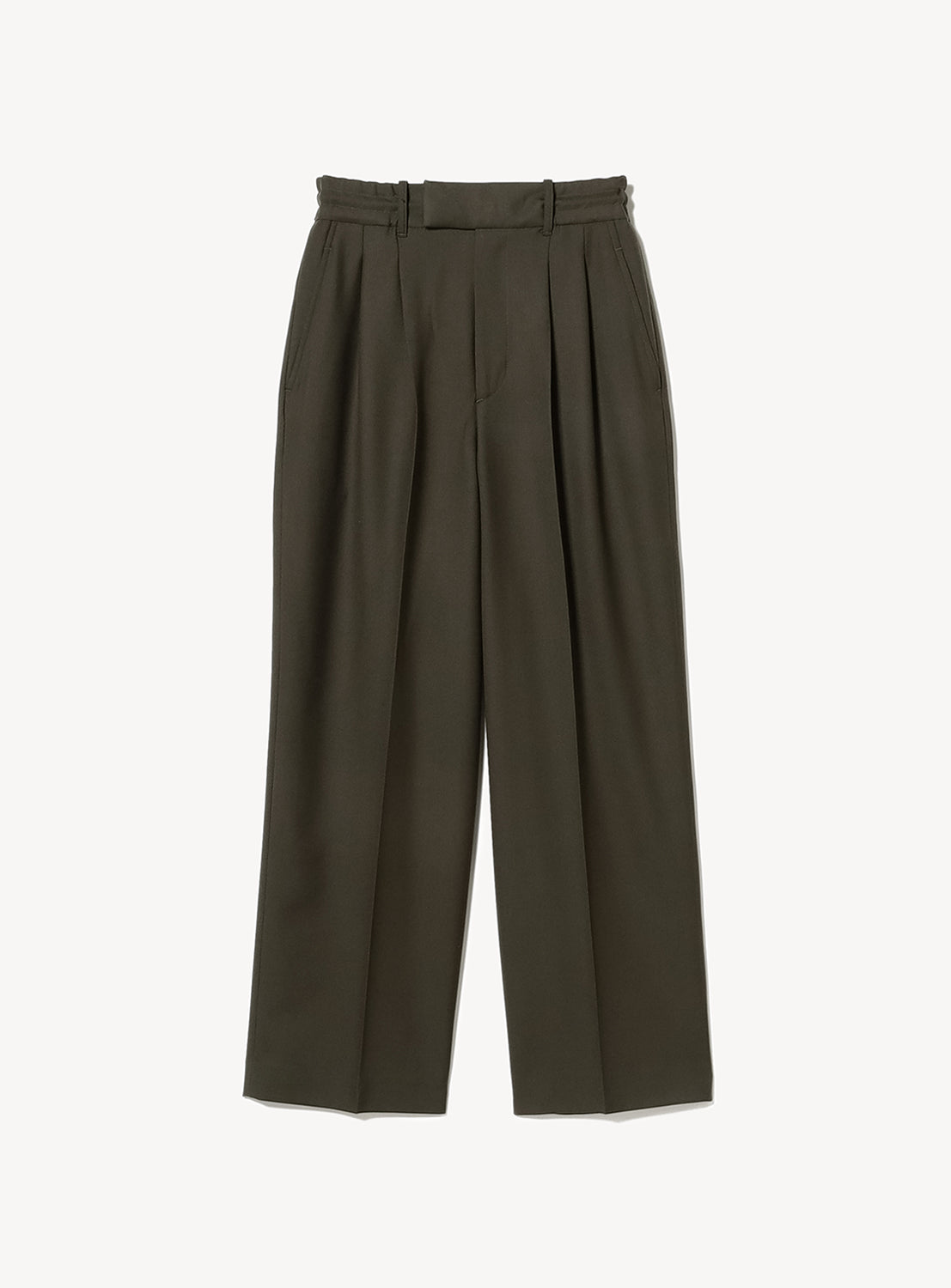 High-waisted khaki pleated pants with a wide leg and belt loops.