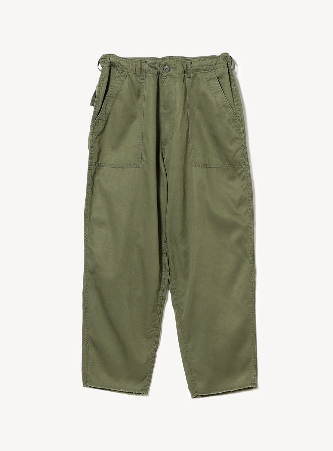 Olive green loose-fit cargo pants flat lay, showcasing the relaxed silhouette and adjustable waist.