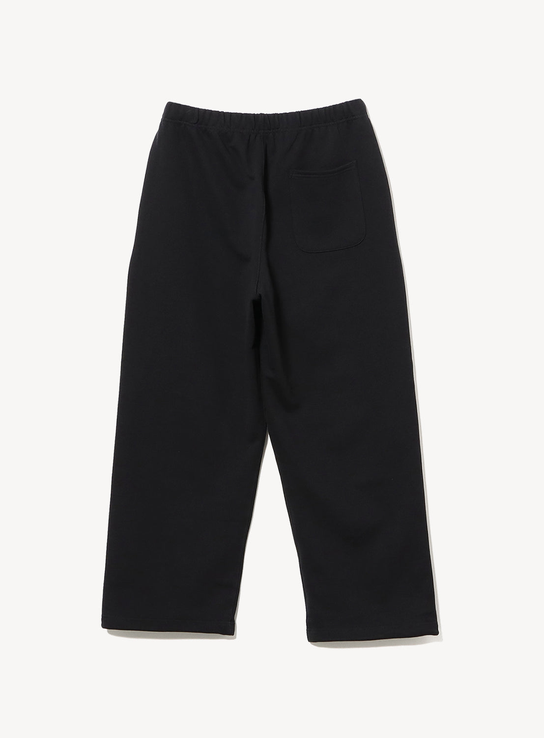 BEAMS Logo Heavyweight Sweatpants by BEAMS feature black straight-leg fleece, an elastic waistband, a single back patch pocket, and subtle logo embroidery, shown on a plain white background.