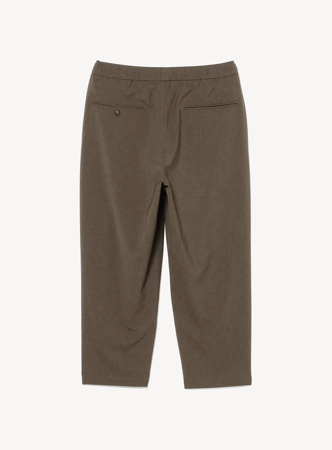 Back view of BEAMS Quick-Dry 2-Pleat Wide Tapered Easy Pants in brown, relaxed fit, straight leg with two back pockets (one buttoned), made from moisture-wicking polyester, shown on a plain white background.