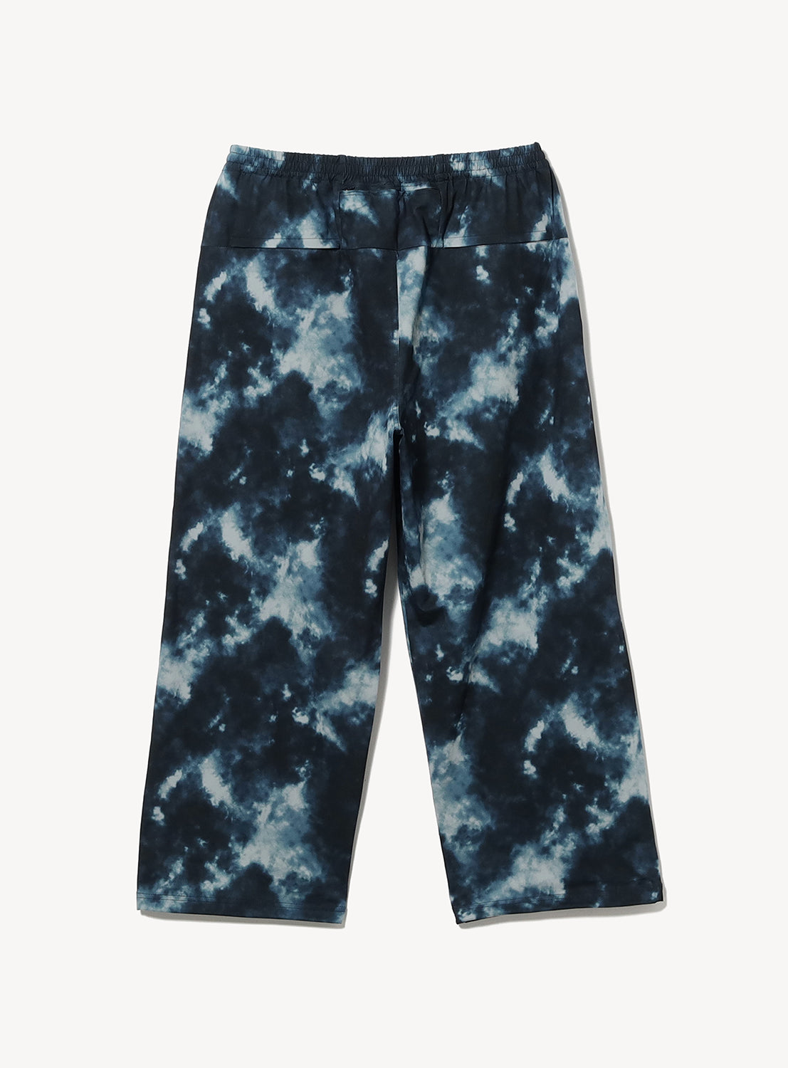 BEAMS Wide Straight Fit Dynamic Dry Easy Pants featuring a dark blue and white tie-dye pattern, shown flat against a white background. These lightweight technical pants are designed for comfort and easy movement.
