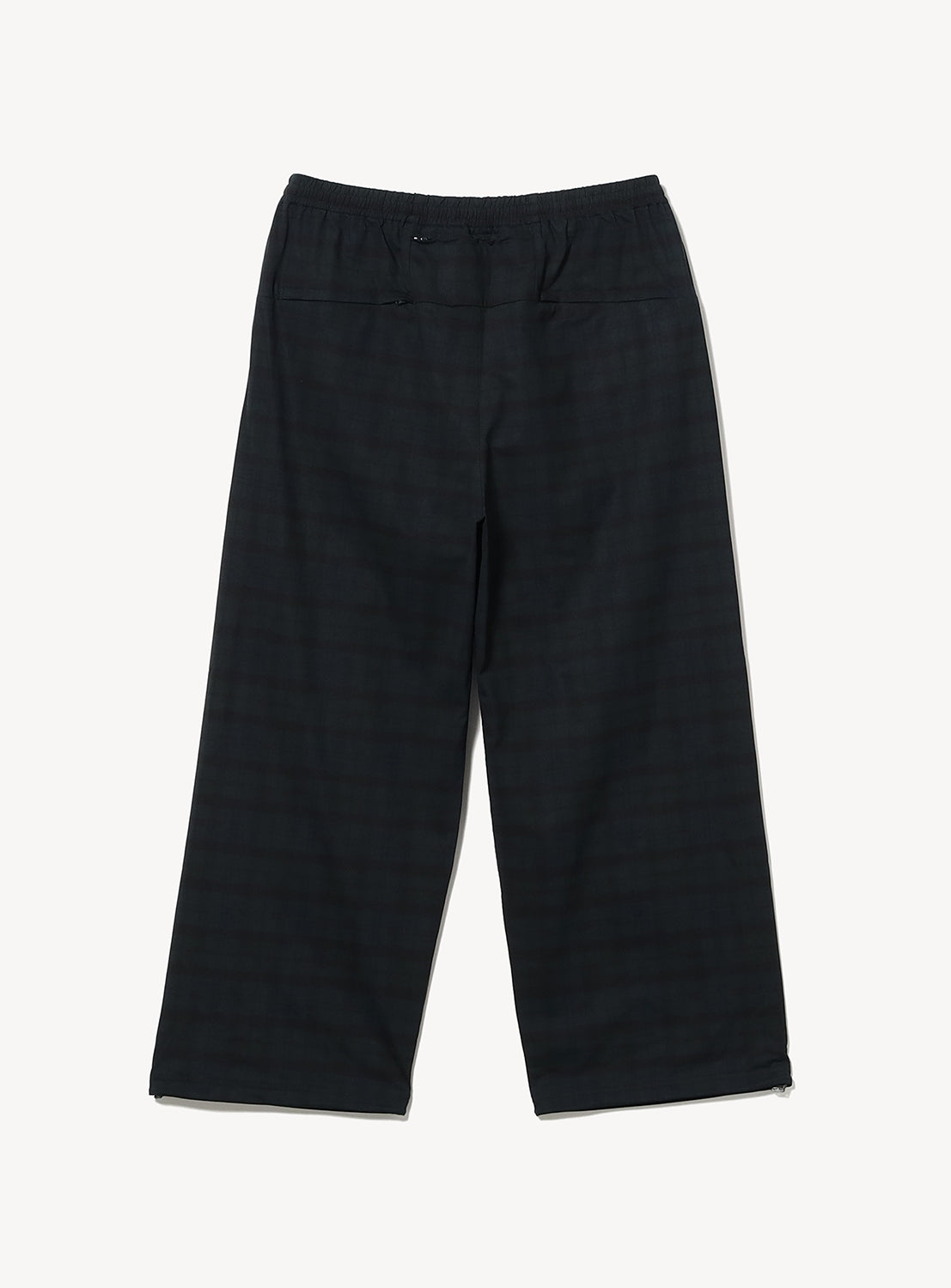 A pair of BEAMS Wide Straight Fit Dynamic Dry Easy Pants featuring a dark subtle plaid pattern, technical performance fabric, elastic waistband, and straight hems, laid flat on a white background.