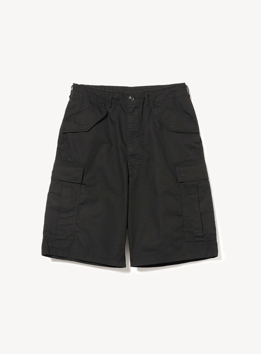 Black wide cargo shorts with a utilitarian, military-inspired silhouette.