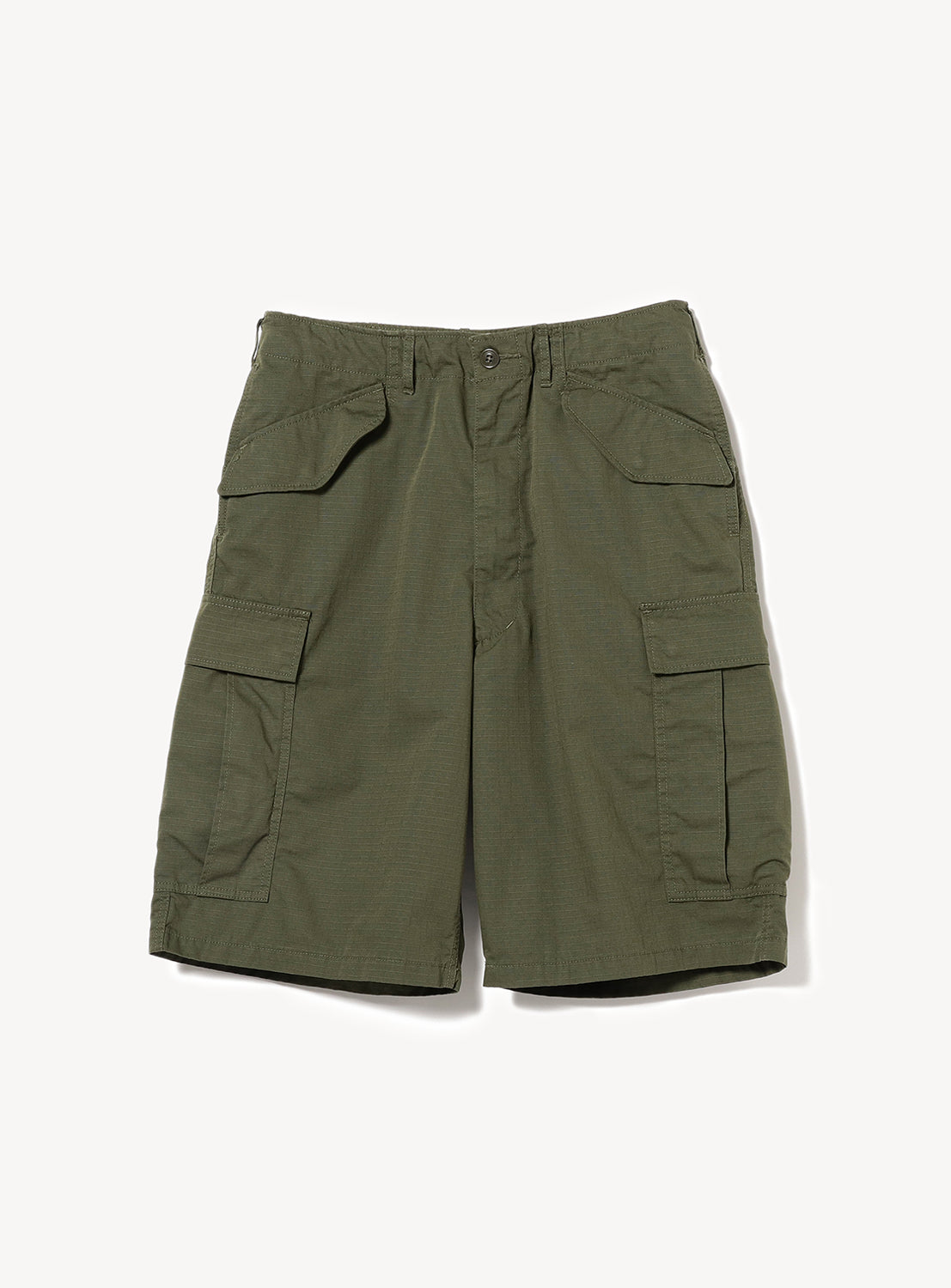Olive green wide cargo shorts with a utilitarian, military-inspired silhouette