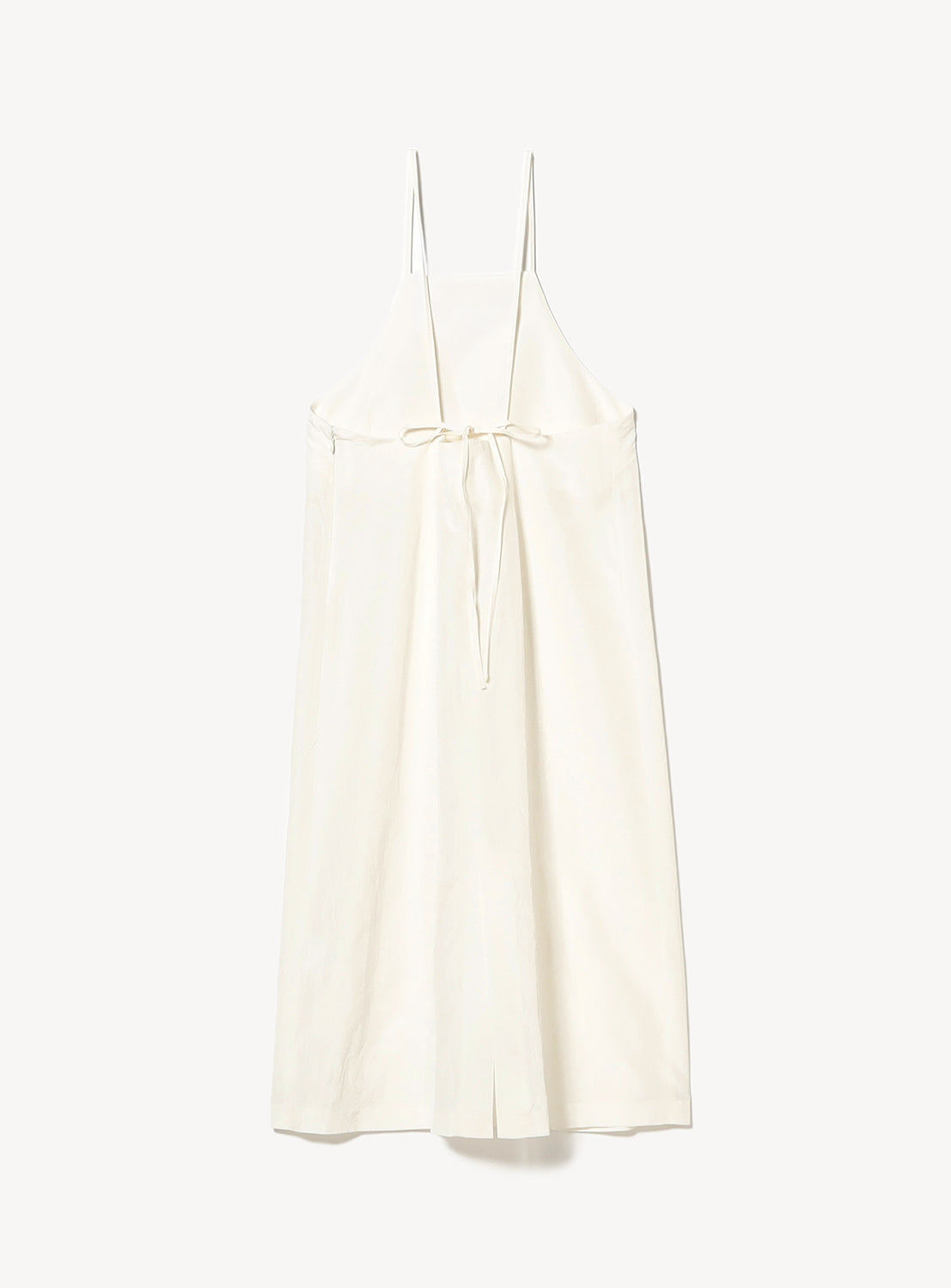 Back of a white sleeveless mini dress with an adjustable tie back.