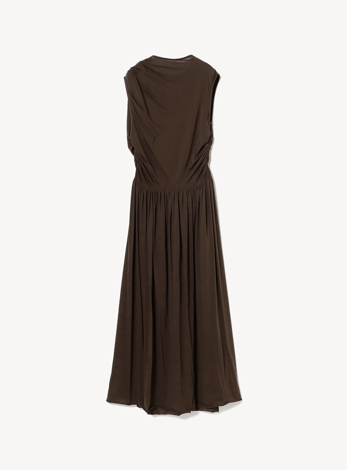 Sleeveless brown dress with a draped cowl neck and a pleated skirt.