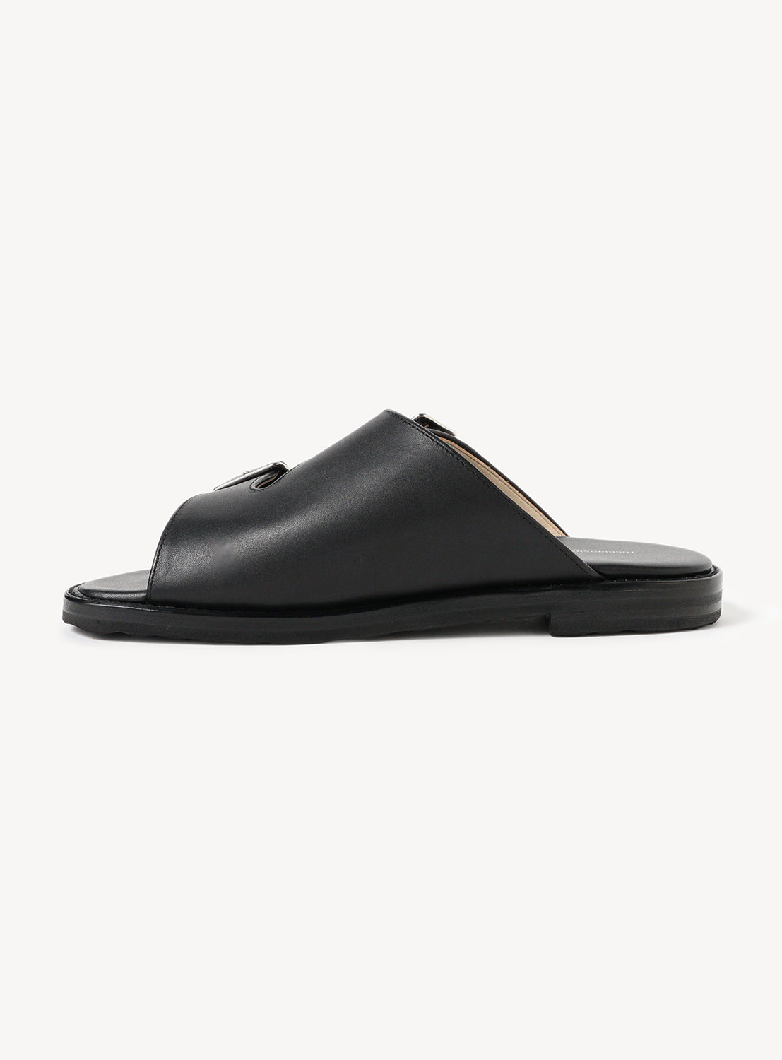 Side of black sandal with thick straps.