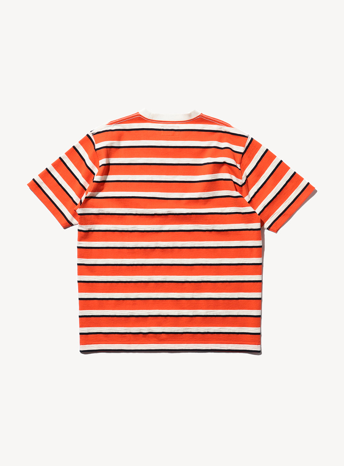 Back of a striped Pocket Tee with orange, white and navy horizontal stripes, short sleeves, and a round neckline.