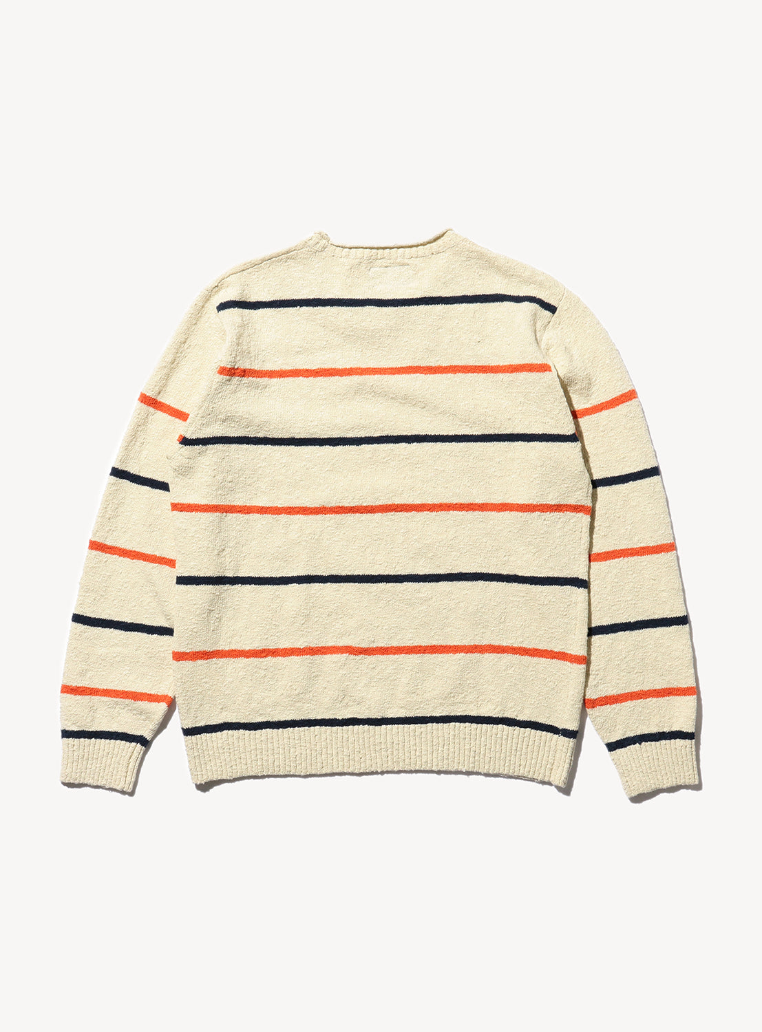 Back of a beige striped crew neck sweater with long sleeves, navy blue, and orange horizontal stripes.