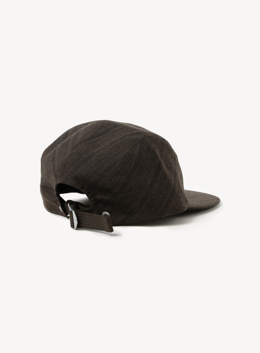 The NICENESS Wool Linen Stripe Cap is pictured from the back and side, highlighting its curved brim and adjustable strap with a metal buckle against a plain white background.