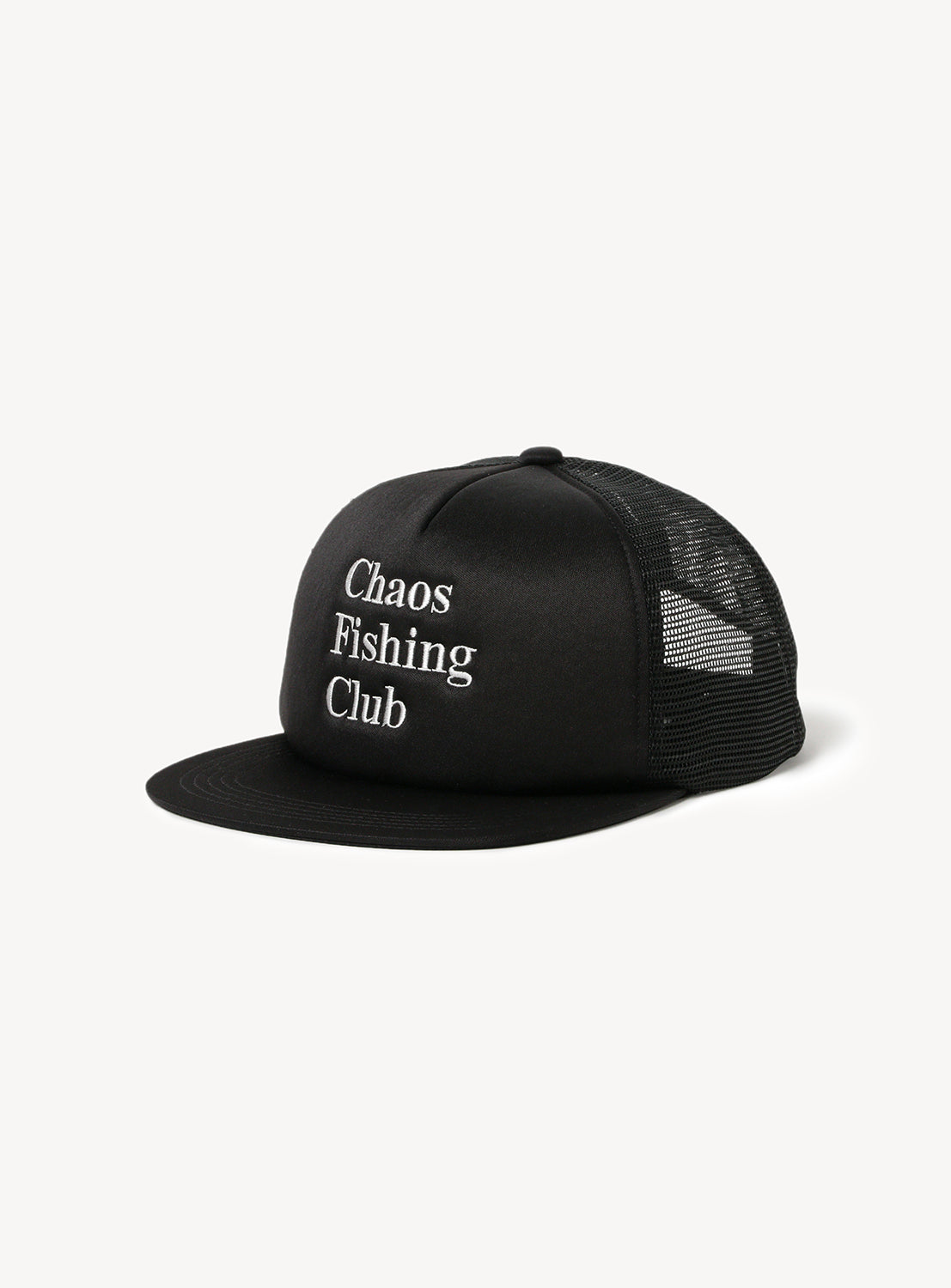 Black cap with 'Chaos Fishing Club' text in white with black mesh sides.