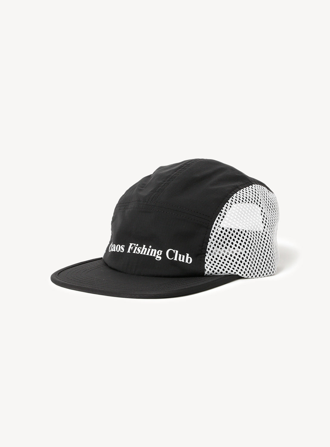 Black cap with white mesh on the sides and white 'Chaos Fishing Club' text.