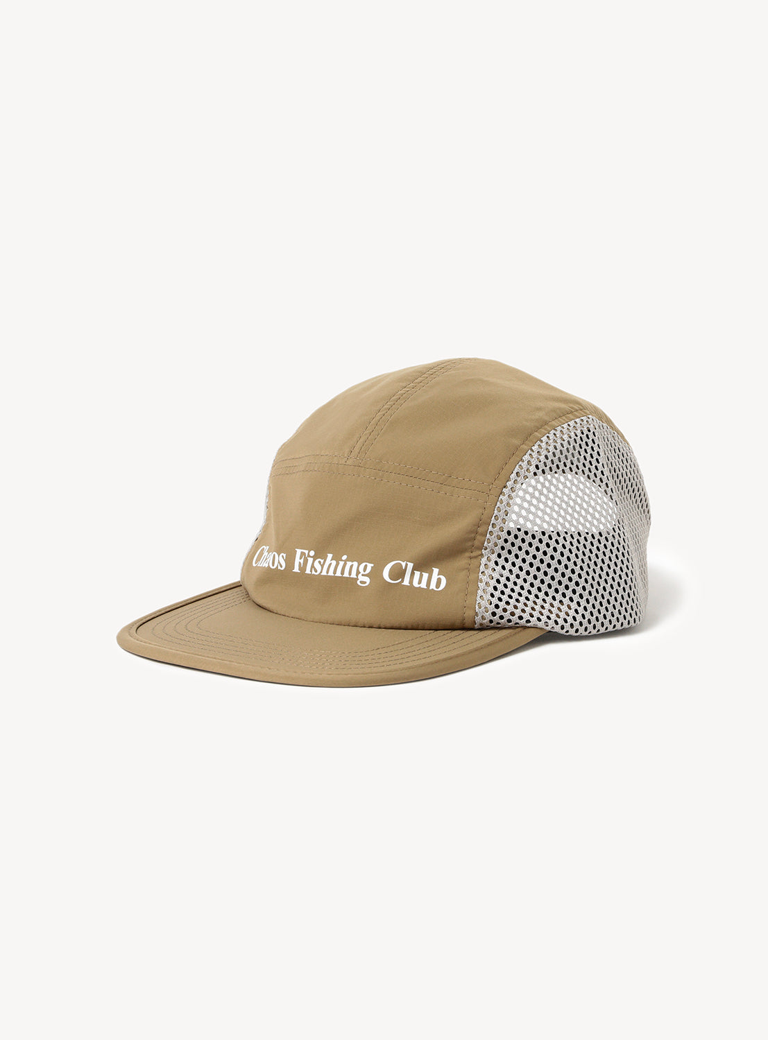 Brown beige cap with white mesh side and 'Chaos Fishing Club' logo.