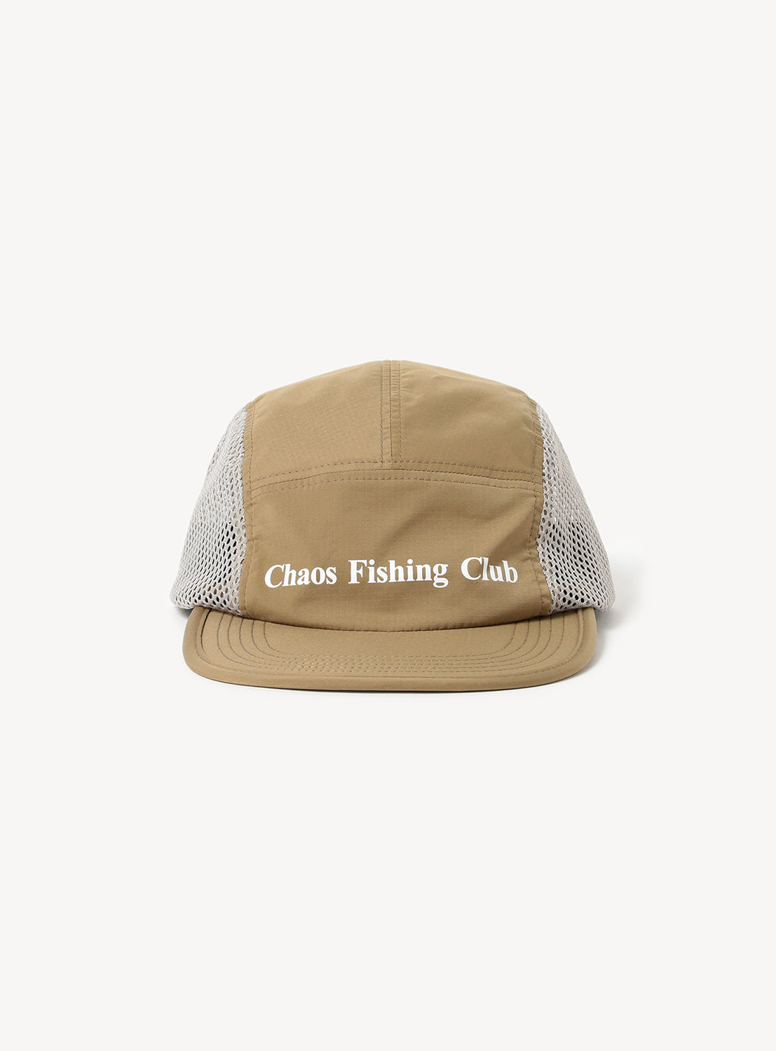Beige cap with 'Chaos Fishing Club' text in white and white mesh sides.
