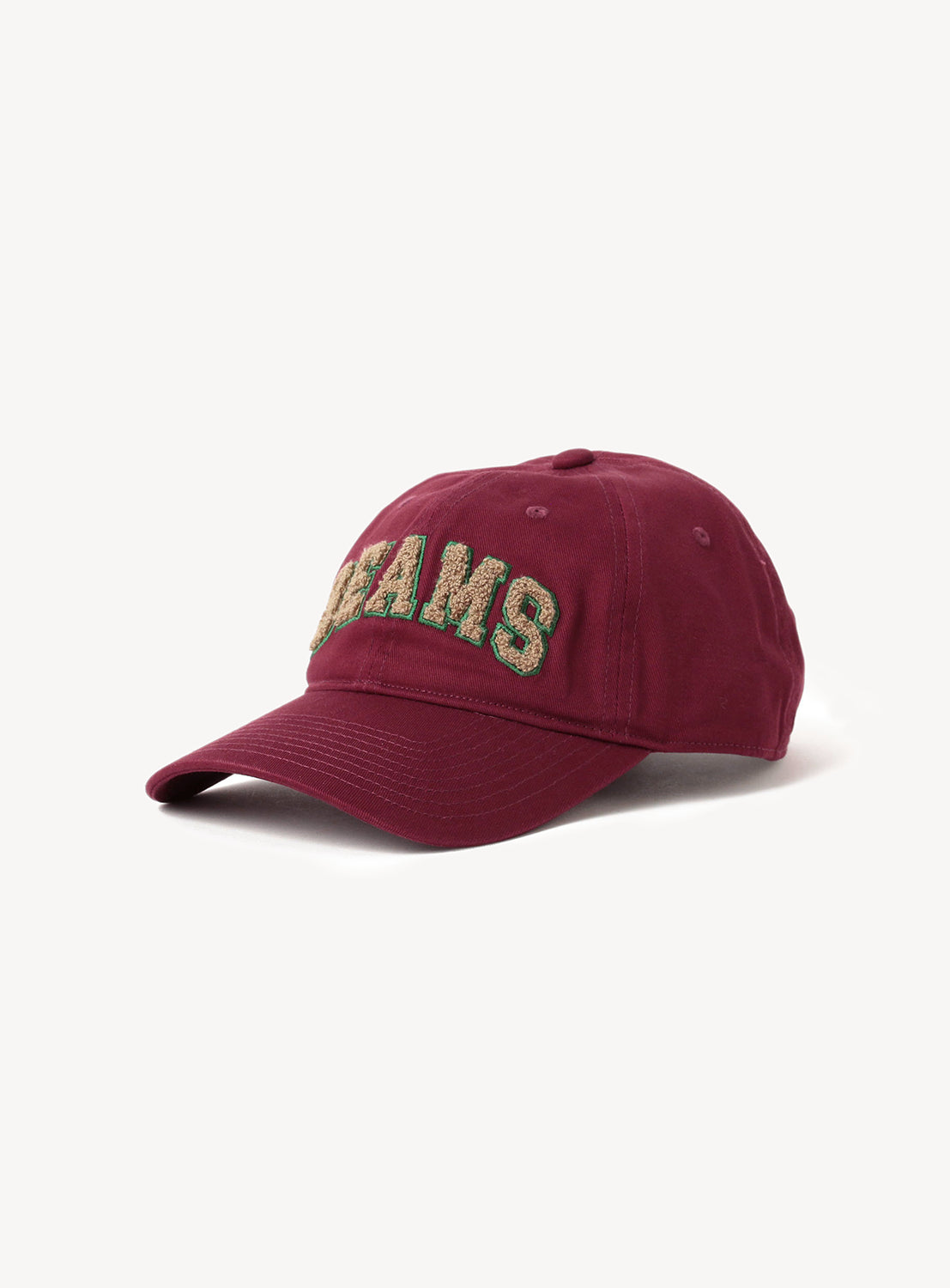 Burgundy cap with embroidered beige and green 'BEAMS' text.