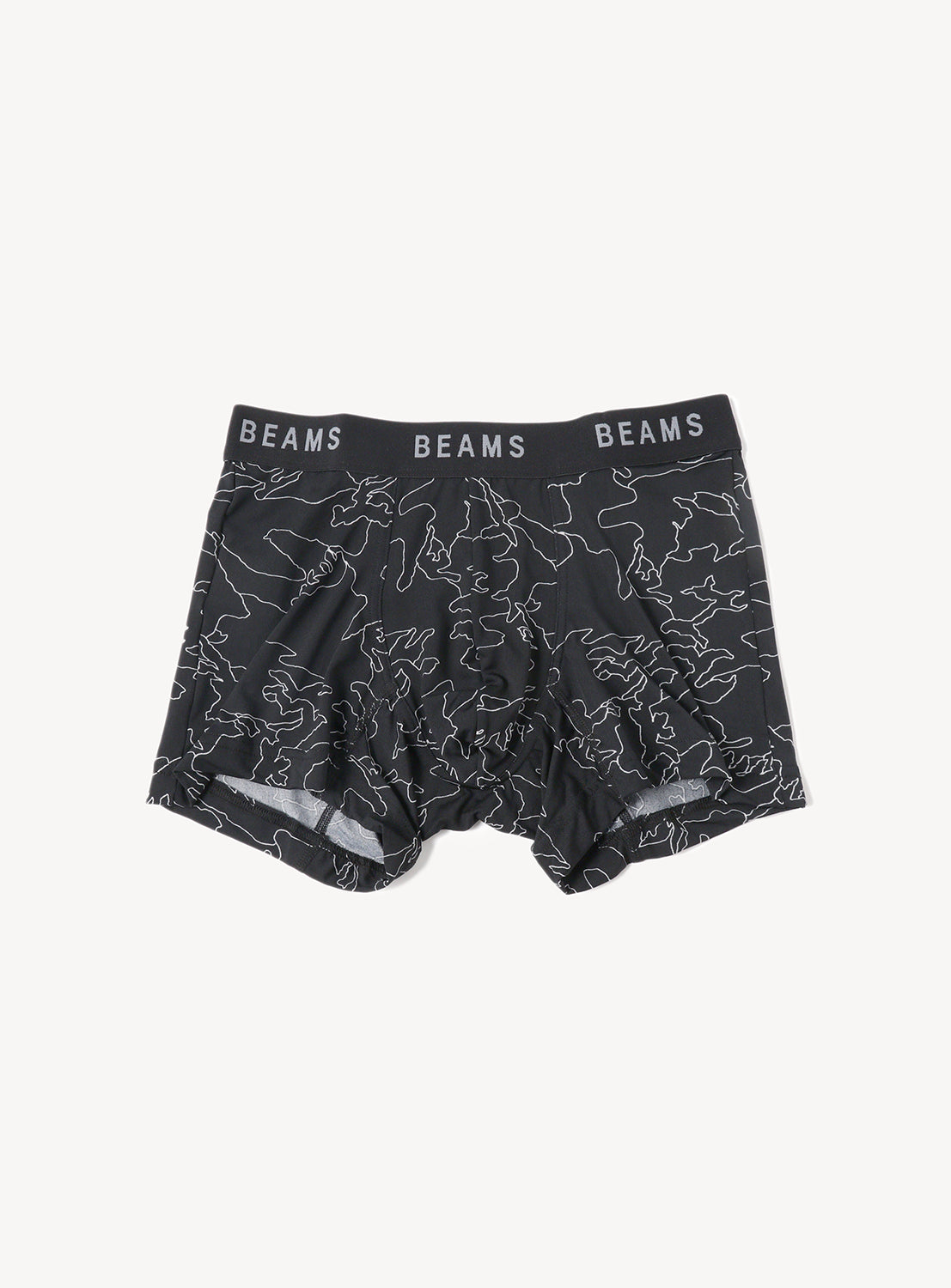 Black boxer shorts with a white abstract line pattern and black elastic waistband and 'BEAMS' in a white text.