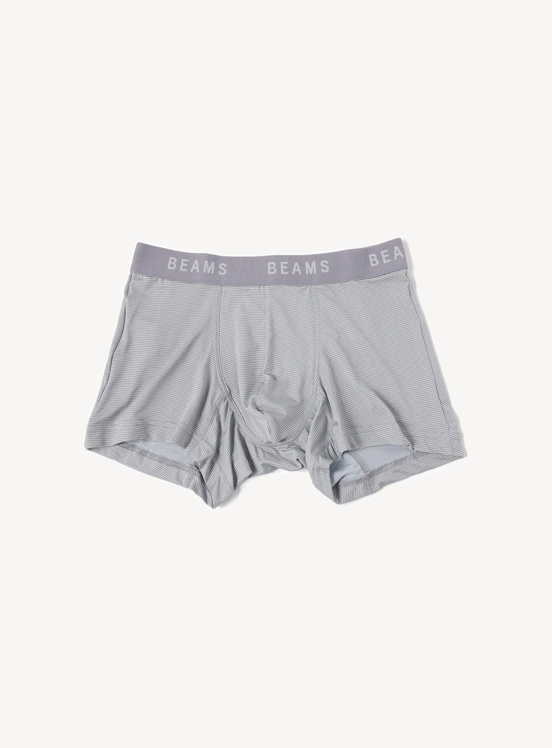 Grey boxer shorts with a grey elastic waistband and 'BEAMS' in a white text.