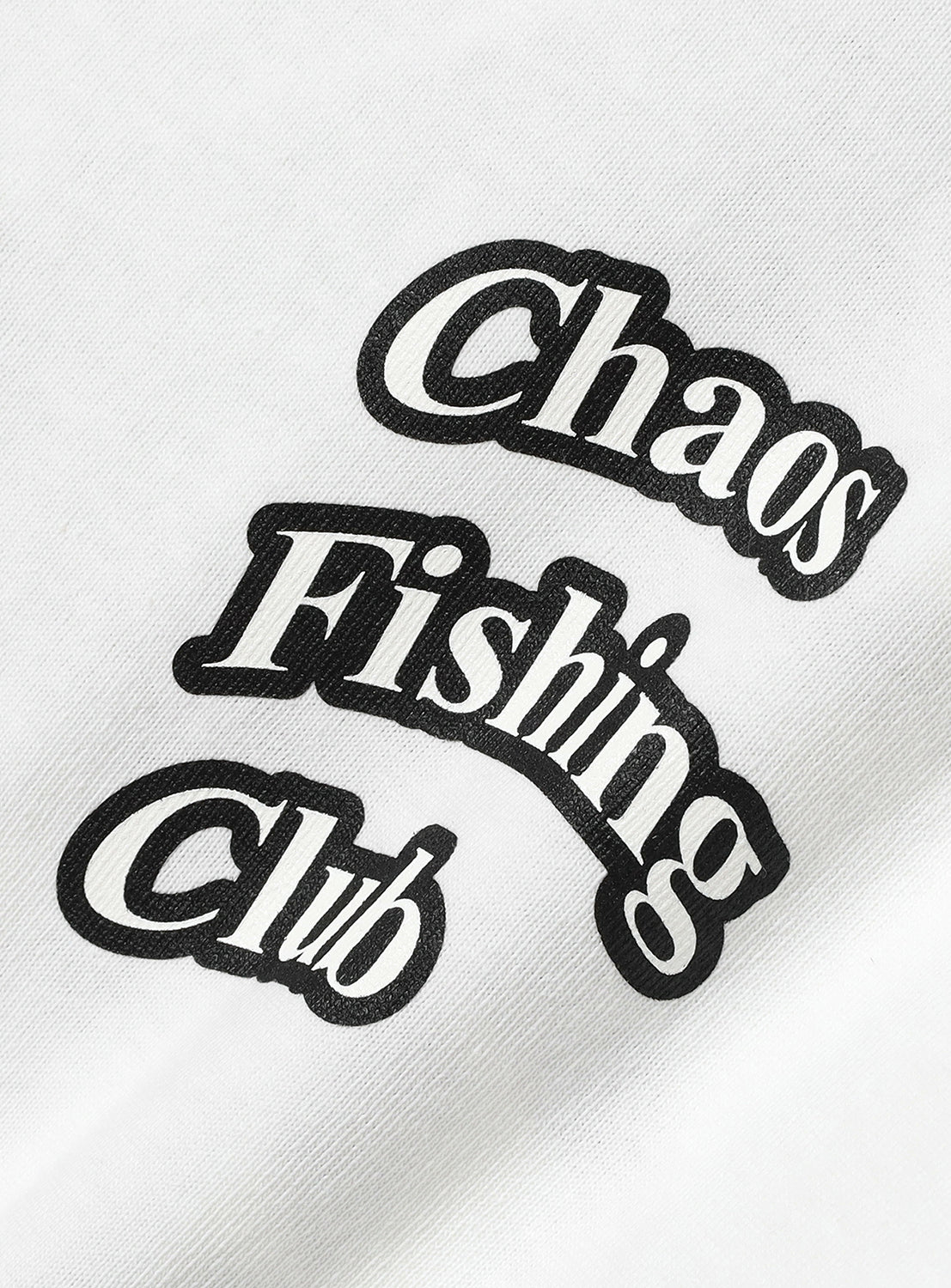 Black bordered text 'Chaos Fishing Club' on the white long sleeve.