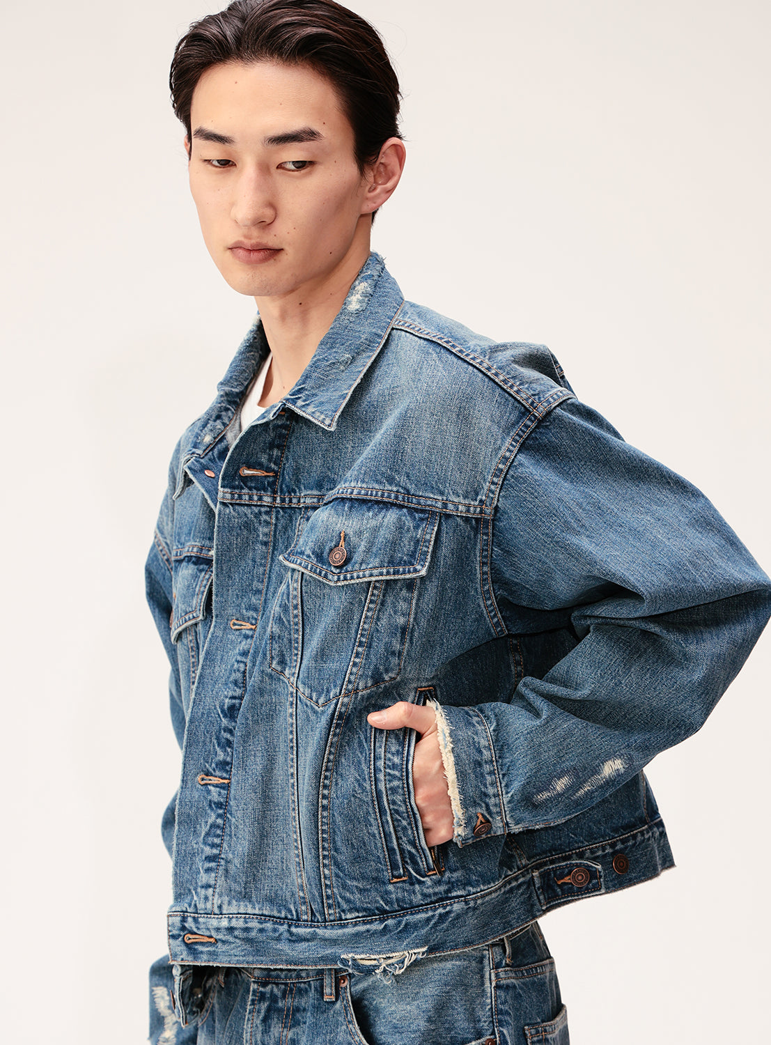 Cropped Distressed Japanese Denim Trucker Jacket
