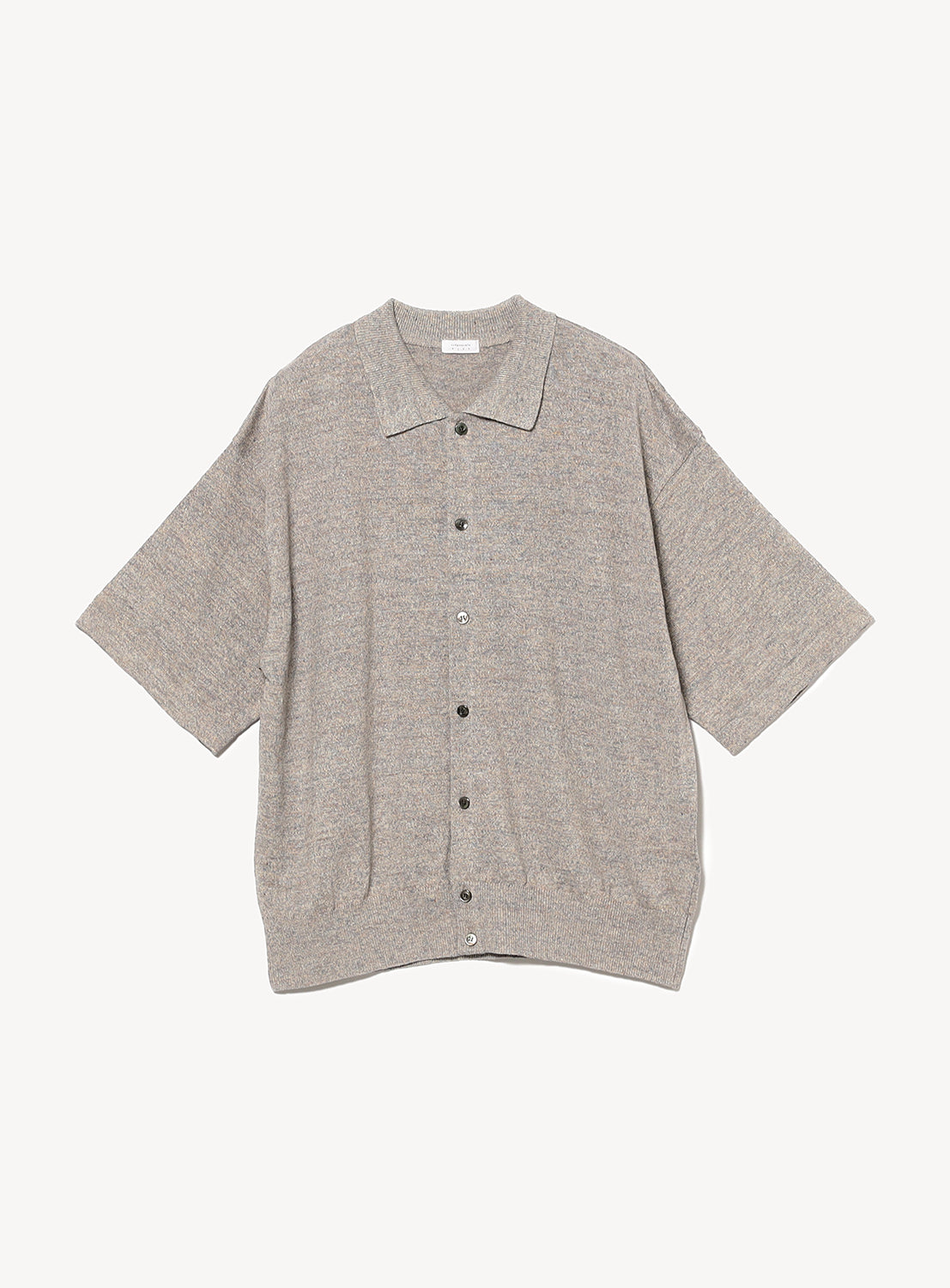 Light grey, short-sleeved collared shirt, unbuttoned, with a relaxed fit.