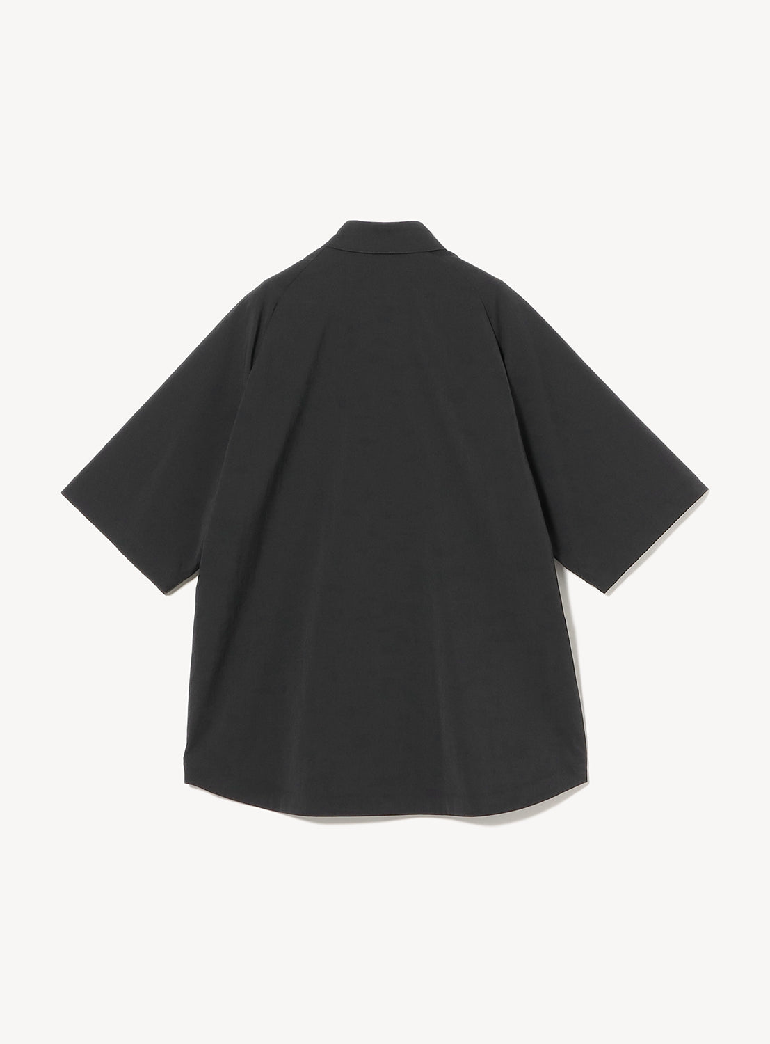 Top-down flat lay of a black DOCTOROID (DR) fabric short-sleeve shirt, highlighting its clean lines.