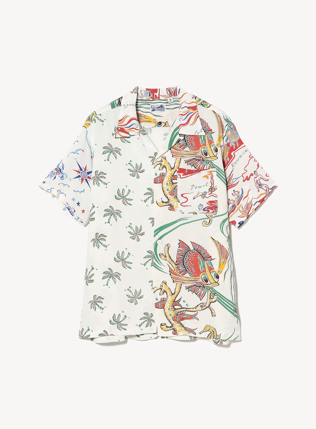 Colorful patterned white button down aloha shirt.