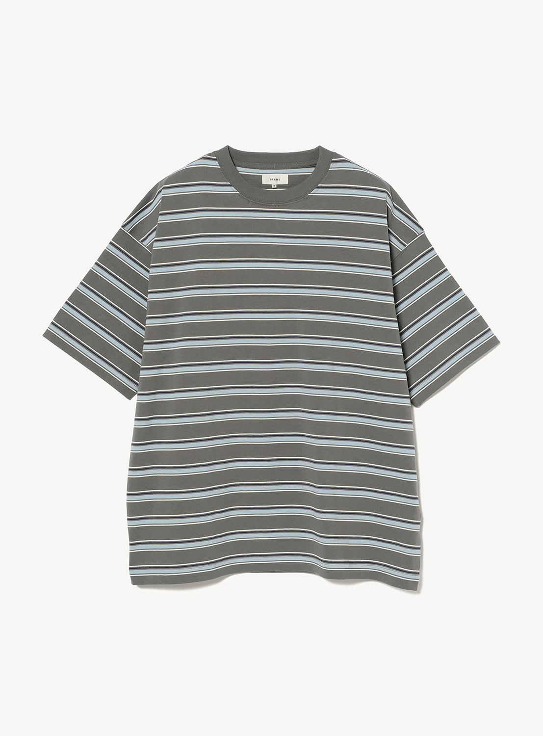 Grey short-sleeve t-shirt with thin blue and white horizontal stripes and a relaxed fit.