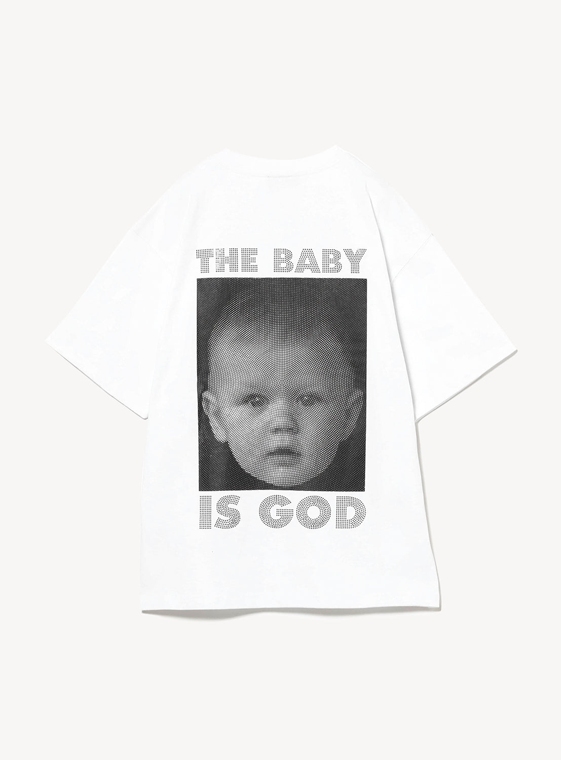 A white crew neck t-shirt with a graphic print of a baby's face and the text 'THE BABY IS GOD'.