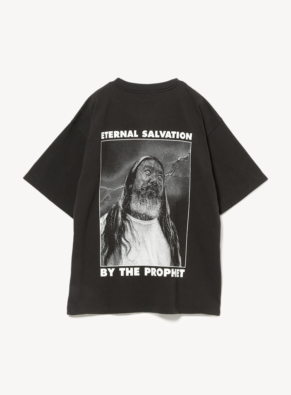 Black crew neck t-shirt with a graphic print on the back.
