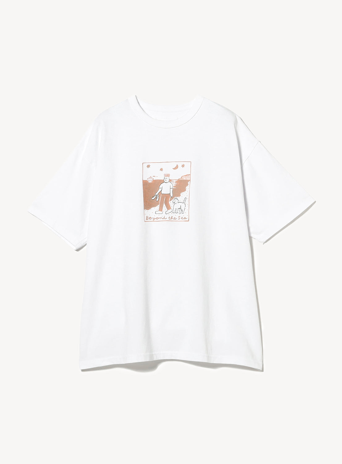 White t-shirt with a graphic of a person watching on the water with text stating 'Beyond the Sea' in a rust orange color.