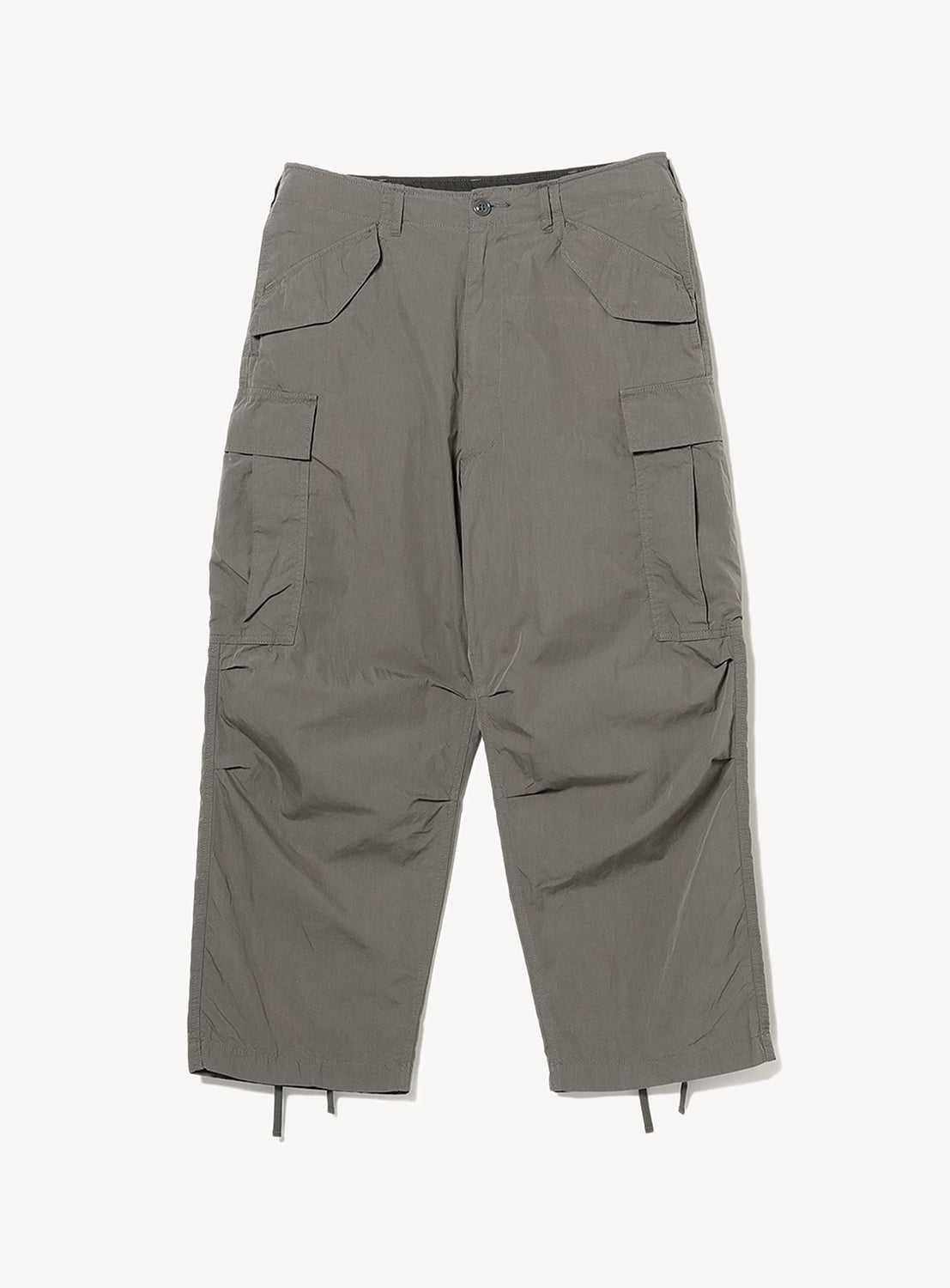 A pair of gray cargo pants with multiple pockets.