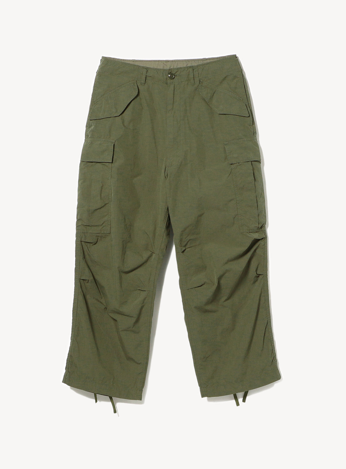 A pair of olive green cargo pants with multiple pockets.