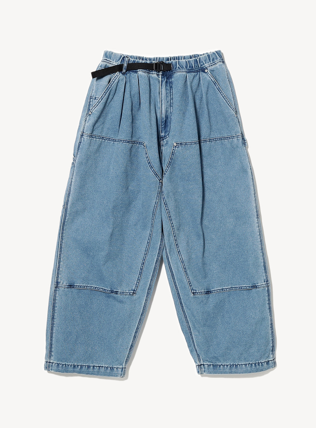 A pair of faded blue denim double-knee painter pants with a partial black belt loop.