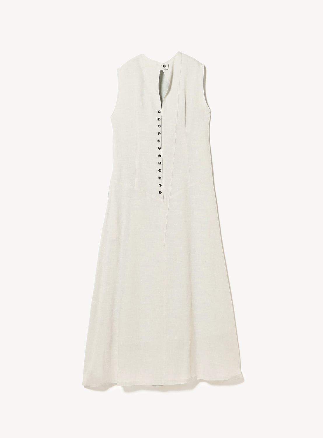 Back of a sleeveless, solid grey dress with a keyhole detail at the top and buttons going down.