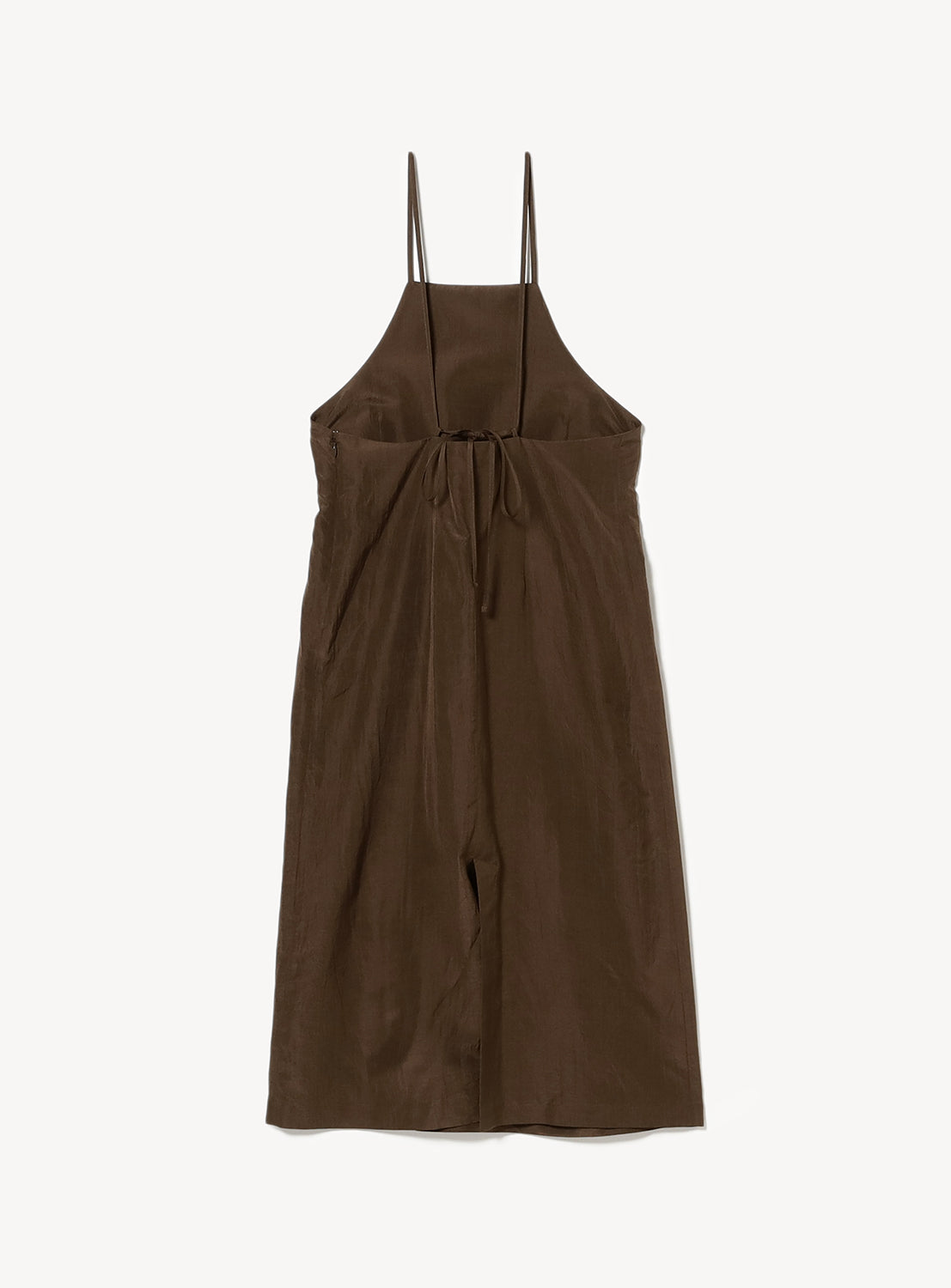Back of a brown spaghetti strap mini dress with an adjustable tie on the back.