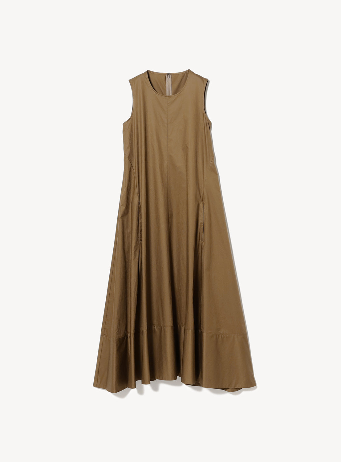 Khaki sleeveless full-length dress with a subtle A-line silhouette on a white background.
