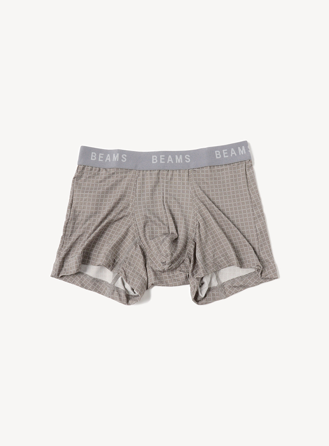 Grey boxer shorts with white micro lines and a grey elastic waistband and 'BEAMS' in a white text.