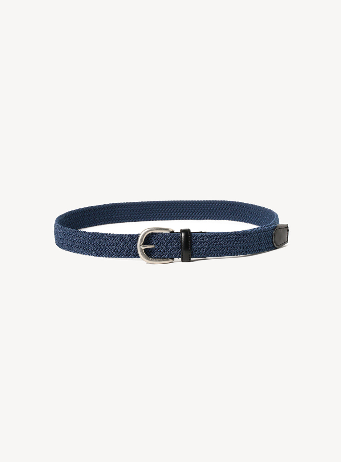 A blue elastic mesh belt with a silver buckle.