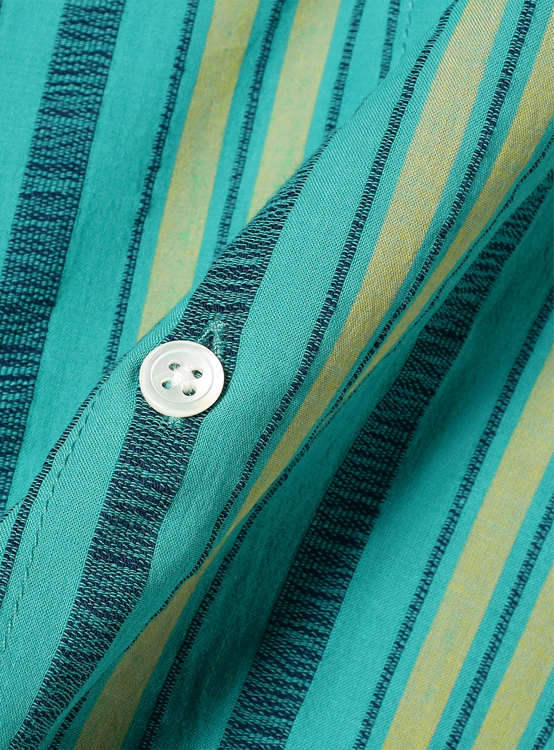 Dobby Stripe Open Collar Shirt teal BEAMS. Close-up of teal shirt fabric with green stripes, detailing the woven pattern and a contrasting button.