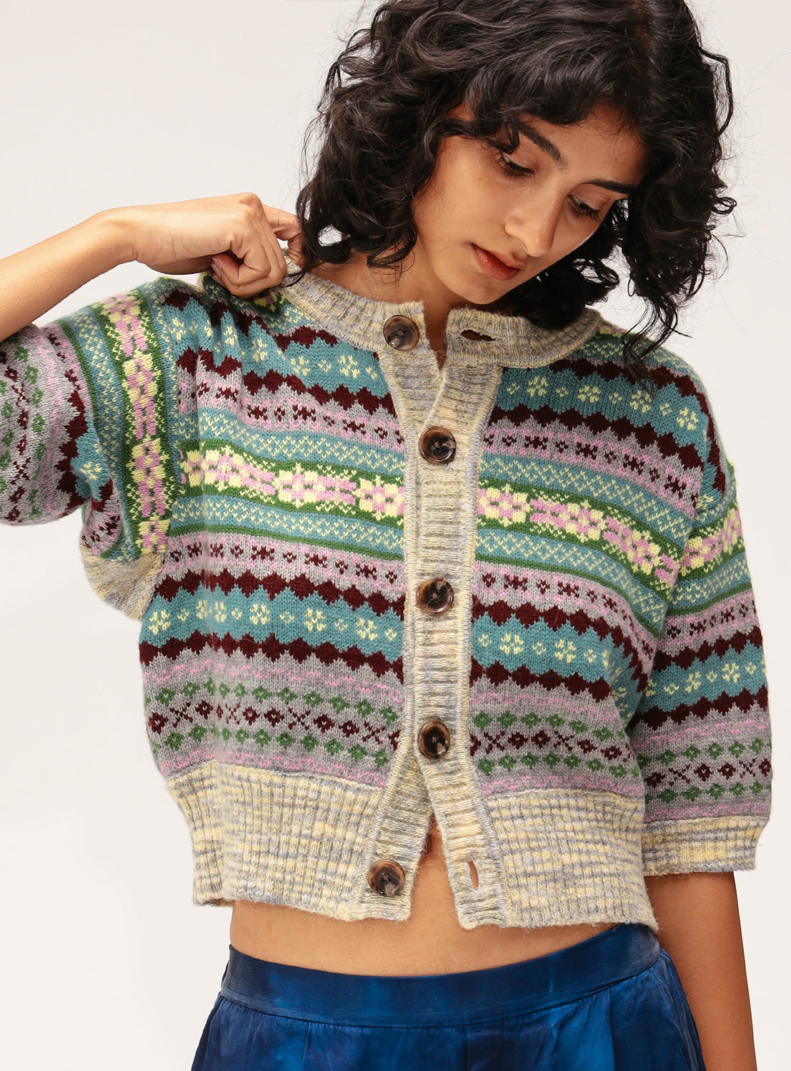 Fair Isle 5/4 Sleeve Cardigan