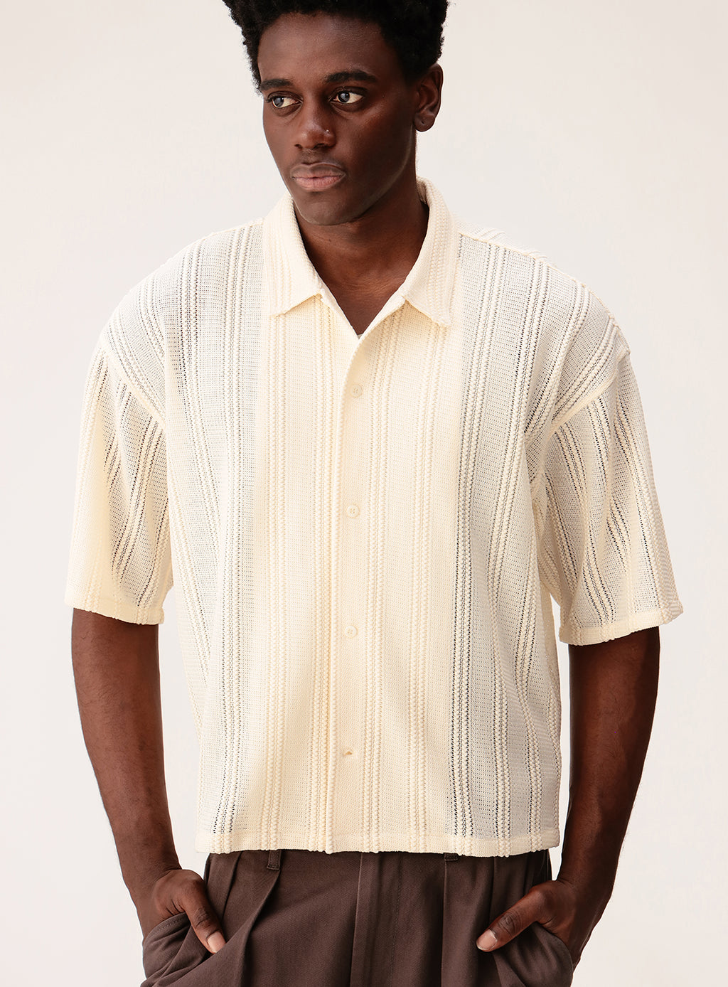 Mesh Open Collar Short Sleeve Shirt