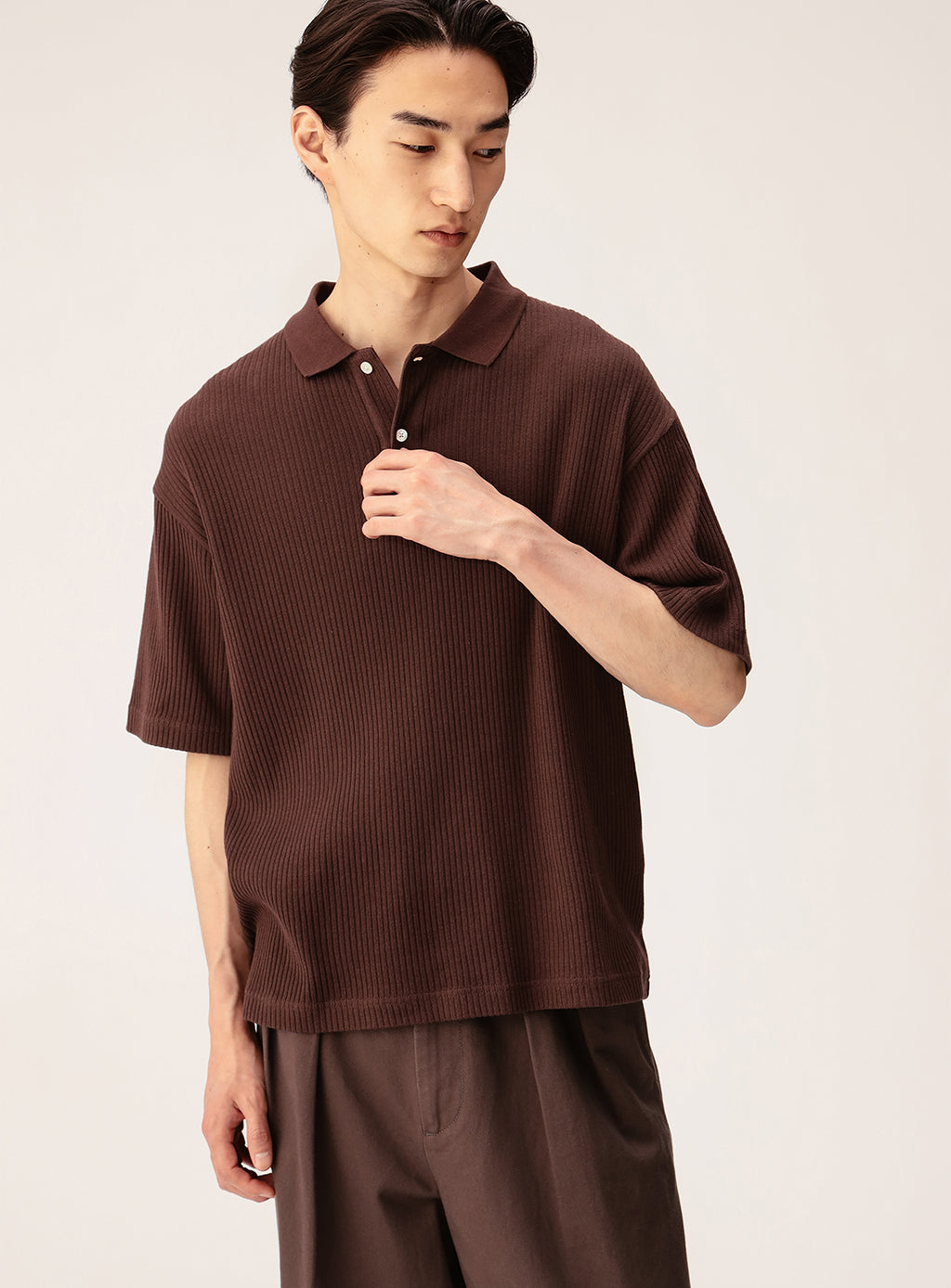 Short Ribbed Polo Shirt BROWN / XL