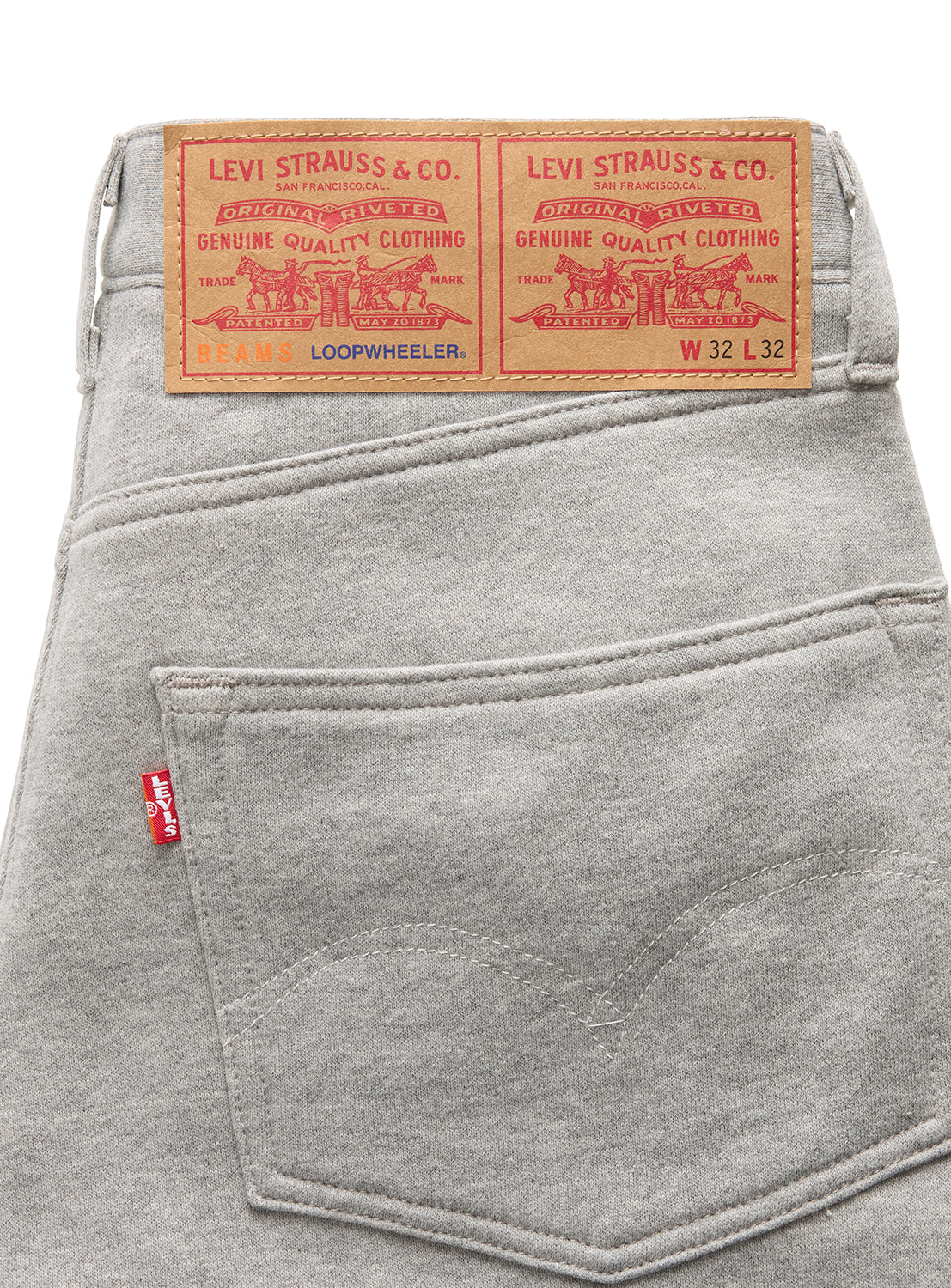 Grey Levi’s® x BEAMS x Loopwheeler Superwide Pant with dual leather patch and red tab.