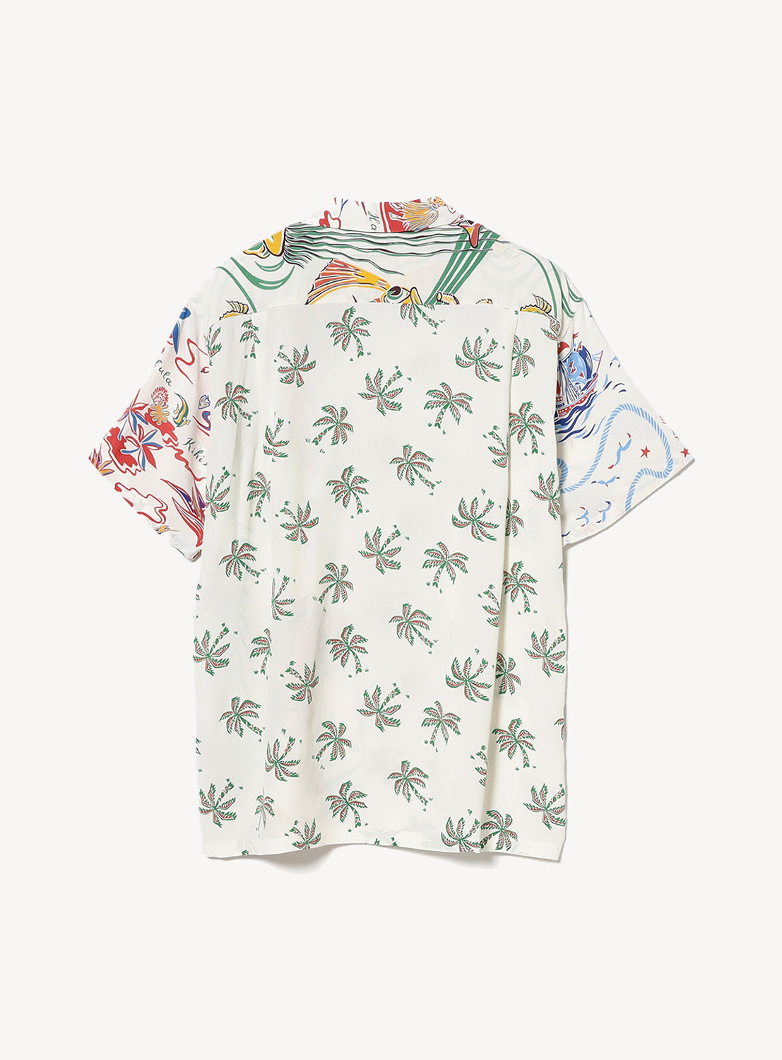 Back of colorful patterned white button down aloha shirt.