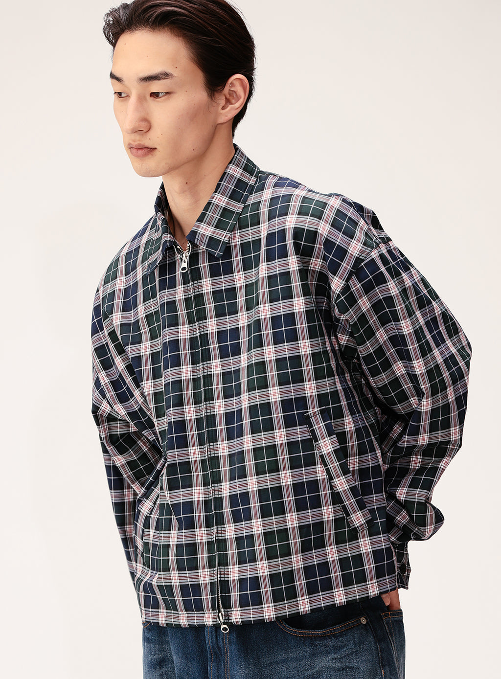 極美品/近年モデル✨T-JACKET テーラードジャケット SLIM FIT 青 Tartan Plaid Wide Zip Jacket