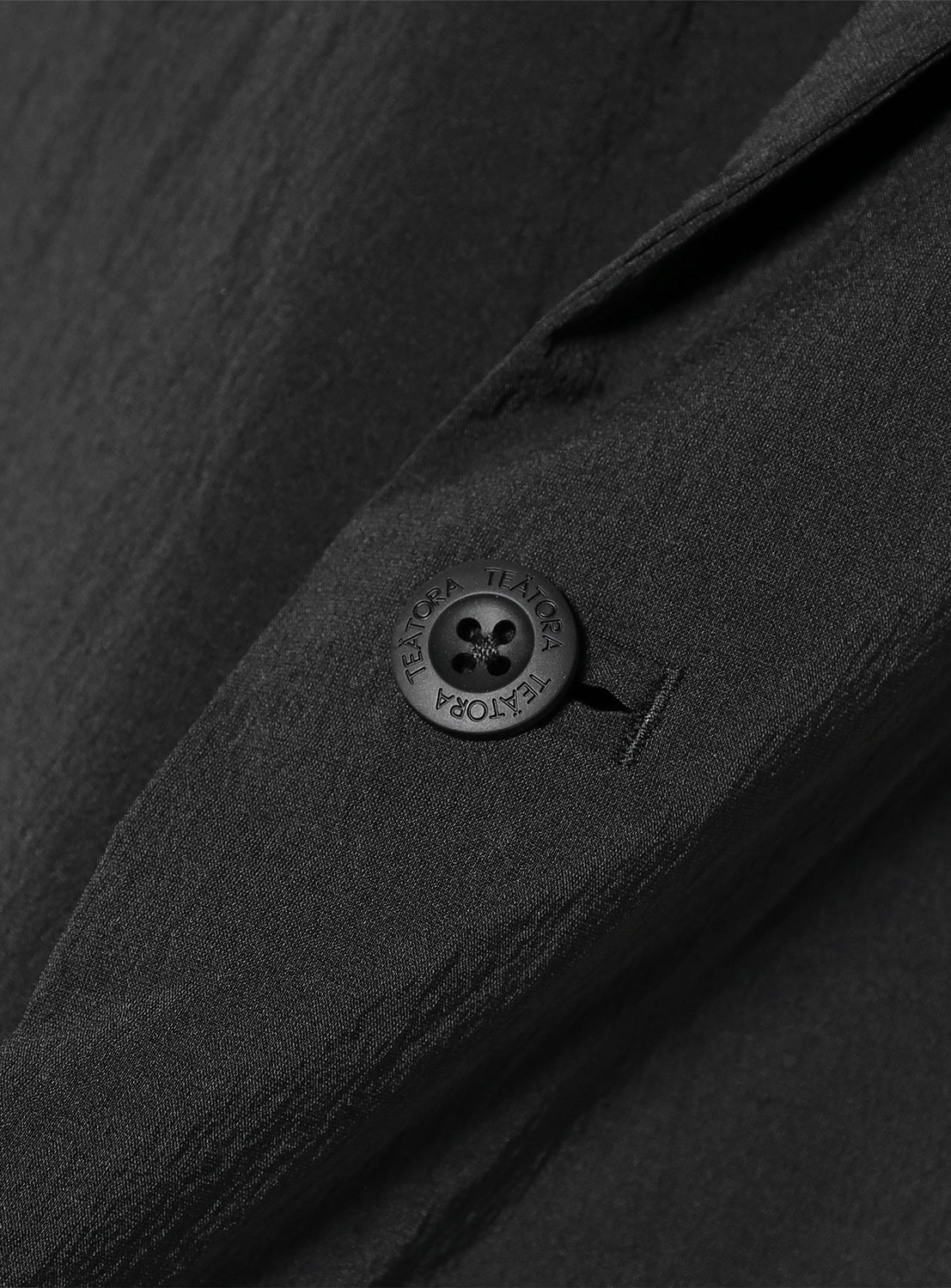 Close-up of the black jacket's button and fabric, highlighting the DOCTOROID high-performance summer textile.